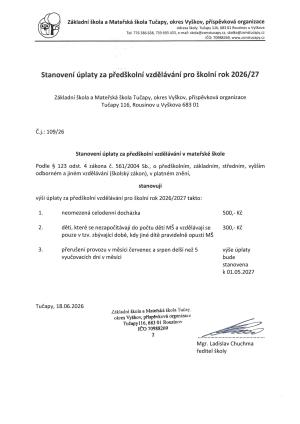 Úplata pro školní rok 2026/27